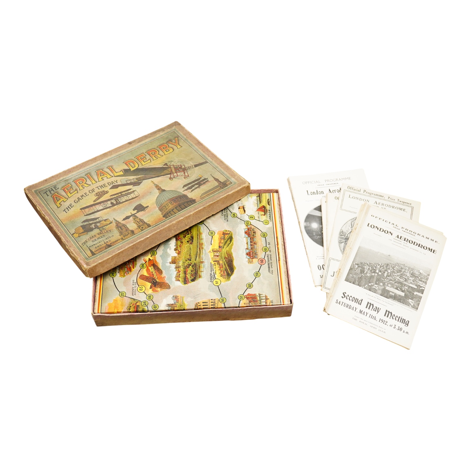 A collection of twenty early 20th century London Aerodrome, Hendon, Official Programmes, dated from the 11th May 1912 through to the 2nd November 1912, together with a Chad Valley ‘The Aerial Derby’ board game, Kompactum